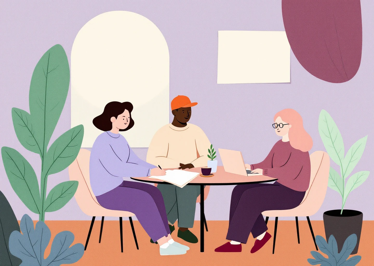 Paper collage illustration of three people sharing a notebook and laptop around a table
